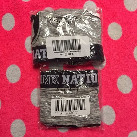 VS PINK L Logo Bra Top + Panty Two Pc Set New Large Gray Black Boyshorts - Picture 3 of 3